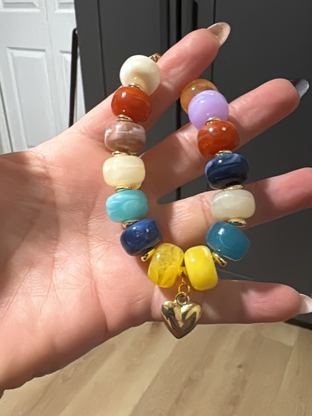 Multicolor Beaded Heart Charm Bracelet - Gold Accent